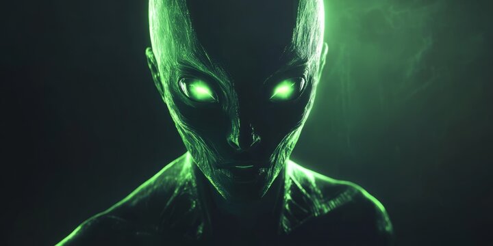 Futuristic glowing alien with large black eyes, emanating an eerie light in a dark and mysterious setting, representing the intriguing concept of extraterrestrial life.