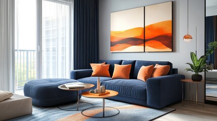 This living room features a blue sofa with orange pillows, abstract artwork, and a round table under a pendant light.