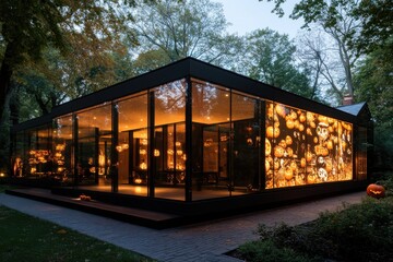 Fototapeta premium A contemporary home featuring expansive glass walls showcasing a vibrant display of Halloween-themed pumpkins and lighting, nestled in a serene natural environment.