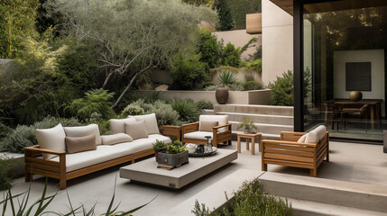 modern outdoor patio with sleek, minimalist furniture, a clean concrete floor, and neutral-colored cushions, surrounded by lush greenery.
