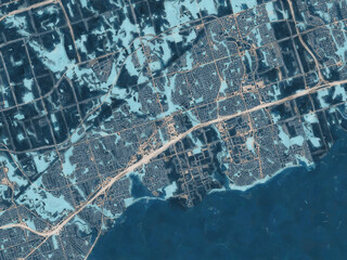 Painterly Style City Map of Ajax - Pickering Ontario, Canada in a Blue Color Scheme.