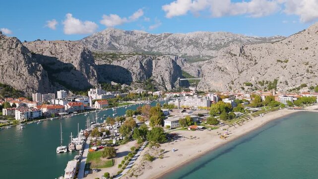 Aerial drone view of the coastal town of Omis in the south of Croatia.