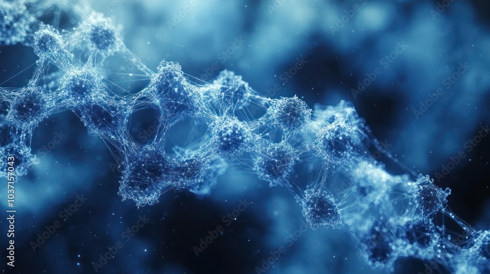 Poster a close-up view of a molecular structure in a blue, abstract environment.