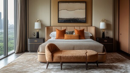 This bedroom blends modernity with comfort, boasting a chic design, warm tones, and a breathtaking cityscape view.