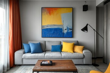A chic living room featuring a gray sofa, colorful pillows, and an eye-catching abstract painting, offering a vibrant and artistic mood.