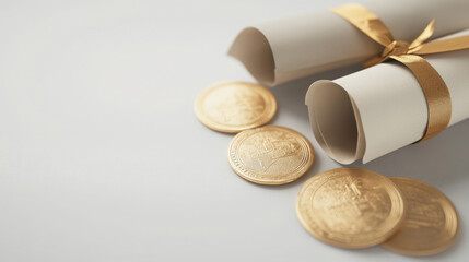 Golden diplomas on white background featuring coins with ribbons