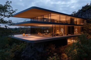 Obraz premium A sleek, cantilevered home with expansive glass walls, boldly extending over a rocky cliff, blending modern architecture with a breathtaking natural landscape.