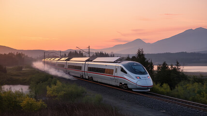 Fototapeta premium high speed electric train travels along scenic route at sunset, showcasing its sleek design and solar panels. beautiful landscape enhances trains modern technology