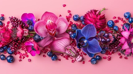 Floral Arrangement, Pink And Blue Orchids With Anemones, Blueberries, And Pomegranate Seeds On Pink