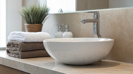 Fototapeta premium Empty countertop in a modern bathroom setting, with clean, neutral tones, perfect for showcasing bath products or accessories.