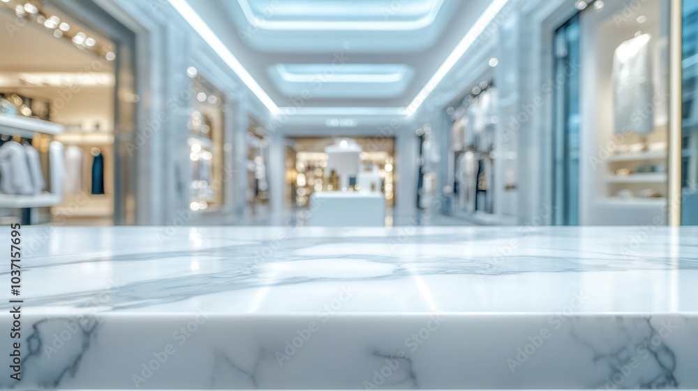 Poster empty white marble display table with blurred fashion items in the background, ideal for showcasing 