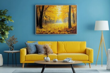 A bright yellow sofa anchors this lively living room, highlighted by a vivid autumnal painting, radiating warmth and energy.
