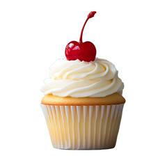 Cupcake with white whip cream and a cherry on top isolated on transparent background