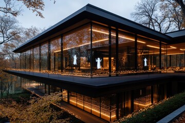 Fototapeta premium A contemporary forest home with all-glass walls, softly glowing with warm lights, offering a modern sanctuary nestled within a serene, leafy environment.