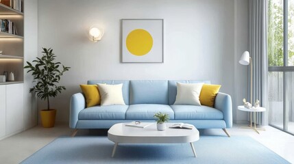 A living room featuring a soft blue sofa, artistic decor, yellow pillows, and abundant light, creating a dynamic and vibrant ambiance.