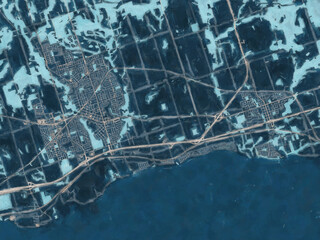 Painterly Style City Map of Bowmanville - Newcastle Ontario, Canada in a Blue Color Scheme.