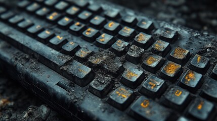 A close-up of a dirty, worn-out keyboard covered in dust and grime.