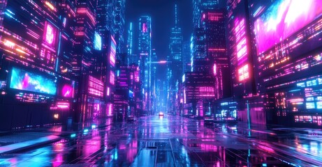 Fototapeta premium Futuristic Cyberpunk City at Night. AI generated illustration.