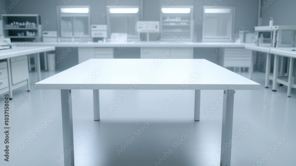 Aufkleber empty white table in a high-tech lab, providing space for product or gadget display. perfect for mod