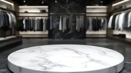 Obraz premium Empty white marble table in a trendy clothing shop with a softly blurred background, ideal for product display or fashion themes.