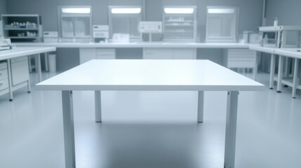 Fototapeta premium Empty white table in a high-tech lab, providing space for product or gadget display. Perfect for modern research settings.