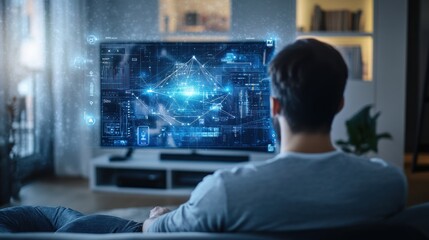 A person watching a futuristic display on a television, immersed in digital data visuals.