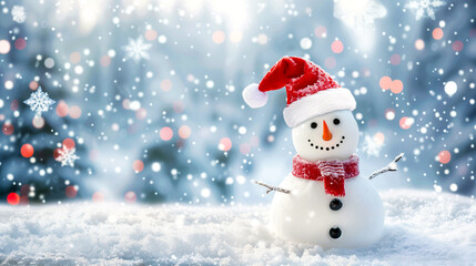 Obraz premium Cute little snowman with a Santa hat in a winter scene with trees and lights in the background