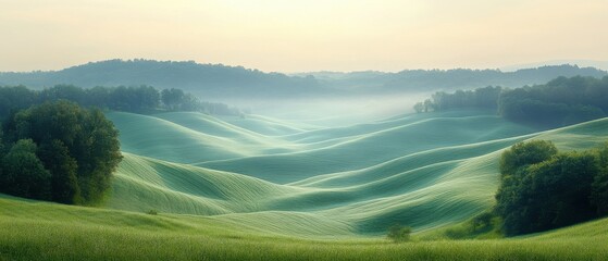 Fototapeta premium Morning Mist Over Gentle Hills, serene landscape with soft sunlight illuminating rolling hills shrouded in delicate fog