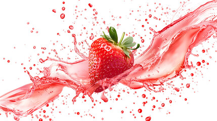 Fresh strawberry slice in mid splash with vibrant red juice droplets, creating dynamic and refreshing scene. image captures essence of summer and deliciousness