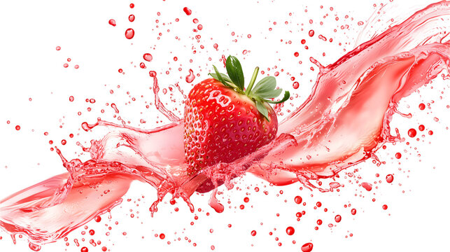 Fresh strawberry slice in mid splash with vibrant red juice droplets, creating dynamic and refreshing scene. image captures essence of summer and deliciousness