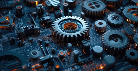 Interconnected Gears and Circuitry. AI generated illustration.