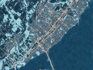 Painterly Style City Map of Burlington Ontario, Canada in a Blue Color Scheme.