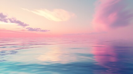 over a calm ocean, with soft pastel colors reflecting on the water