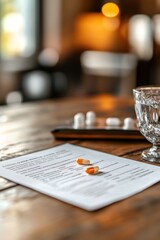 Two capsules on a document with a glass and game pieces in a cozy setting.