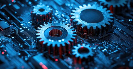 Interconnected Gears and Circuitry. AI generated illustration.