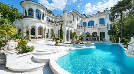 Naklejka premium A stunning Mediterranean-style mansion with an extravagant pool, elegant architecture, and surrounding lush greenery beneath a blue sky.