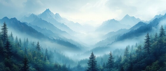 Fototapeta premium Serene mountain landscape, gentle light enveloping distant peaks, tranquil atmosphere, soft clouds enhancing peaceful scenery