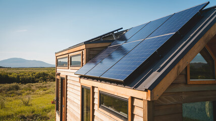 Fototapeta premium beautiful off grid tiny home featuring solar panels on roof, surrounded by scenic nature and mountains. This eco friendly dwelling showcases sustainable living and modern design