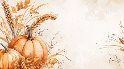 A cozy autumn-themed illustration featuring pumpkins, golden wheat, and delicate foliage, embodying the essence of fall.