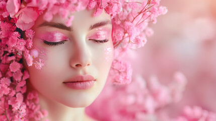 Fototapeta premium Woman with pink floral makeup and delicate blossoms in dreamy close-up. Banner with copy space 