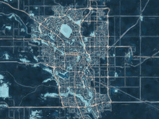 Painterly Style City Map of Calgary Alberta, Canada in a Blue Color Scheme.