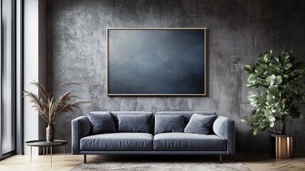 A stylish living space features a dark textured wall, abstract artwork, sleek modern furniture, and vibrant plants, creating a chic atmosphere.
