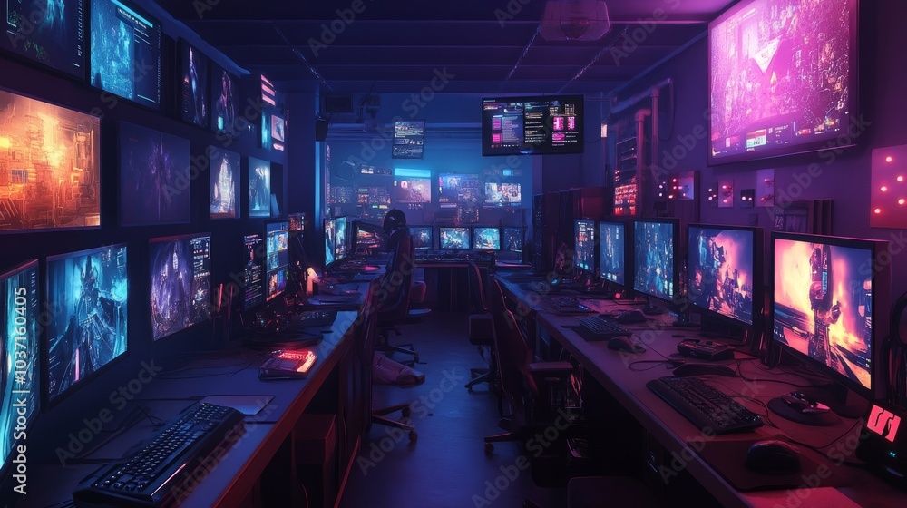 Poster internet cafe with ai-driven game analytics displayed during a video game tournament, creating a cut