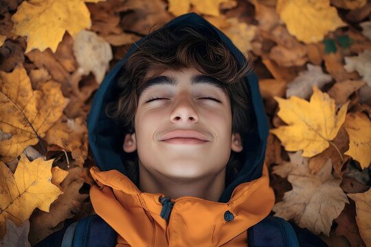 Teenager wearing waterproof raincoat lying in autumn leaves enjoying rustle of fall foliage. 