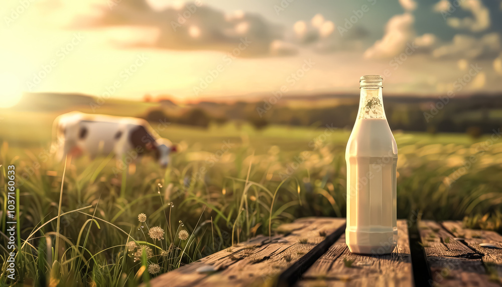 Poster bottle of milk is on a log in a field with a cow in the background. concept of peacefulness and simp