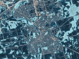 Painterly Style City Map of Cambridge Ontario, Canada in a Blue Color Scheme.