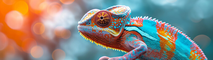 Obraz premium Colorful chameleon in vivid profile with bright bokeh background. Banner or header