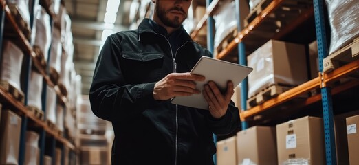 Warehouse Manager Using Tablet. AI generated illustration.