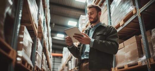 Warehouse Manager Using Tablet. AI generated illustration.