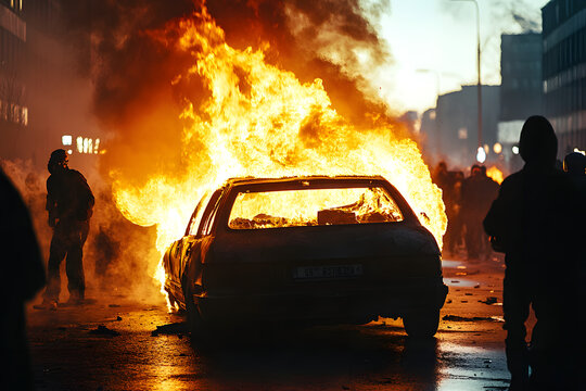 Silhouette of burning car in street with rioting people